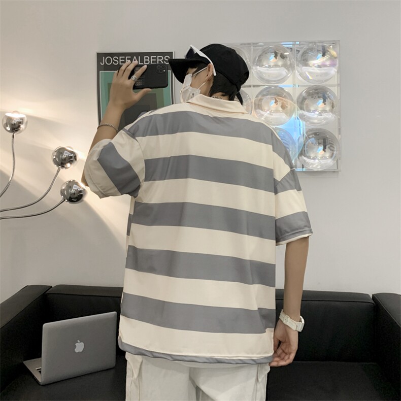 条纹短袖t恤男夏潮牌宽松polo衫ins潮流港风翻领上衣服PL106-P33,男装Polo衫,星座308B-1