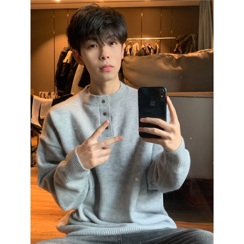 日系复古灰色亨利领毛衣外冬纯色高级cleanfit针织衫上衣LF06P65,男装针织衫/毛衣,电商D256-1(原A064-1)