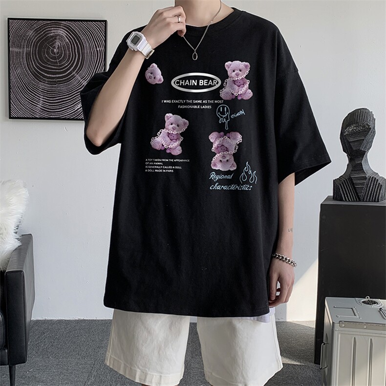 中性夏季潮流韩版帅气毛绒小熊印花宽松情侣短袖T恤T35P25控38,男装T恤,A247A