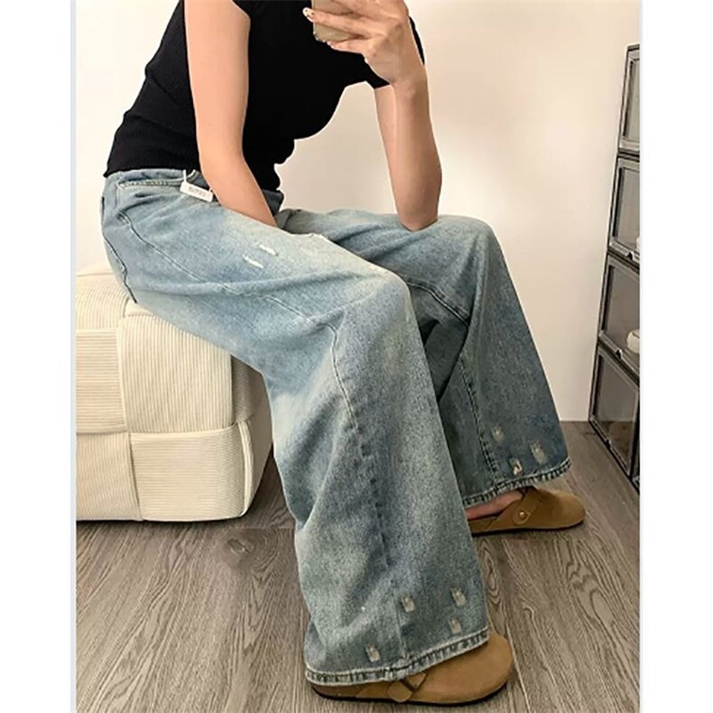 复古ins风高腰阔腿牛仔裤女春秋季新款设计感水洗宽松直筒牛仔裤,男装牛仔裤,星座506A