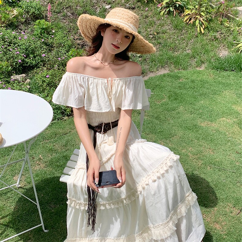 法式浪漫优雅连衣裙女2025夏季新款赫本风高腰一字肩荷叶边裙子潮,女装连衣裙,浙宝305