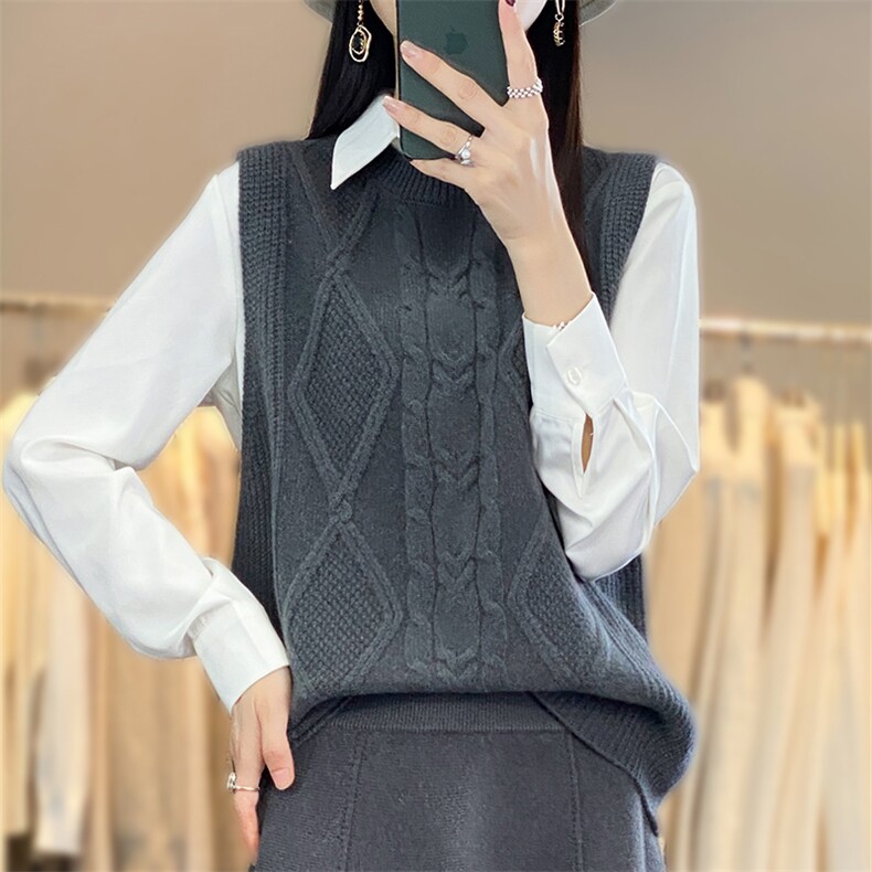 秋冬圆领100%羊毛衫套头马甲女菱形扭花背心宽松羊绒针织坎肩上衣，女装马甲，邦太羊绒