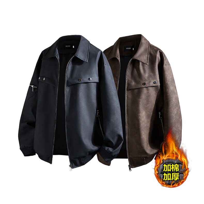 得物品质秋冬加棉加厚美式拉链设计感高街皮衣常规P100加棉P110，男装皮衣，电商B319