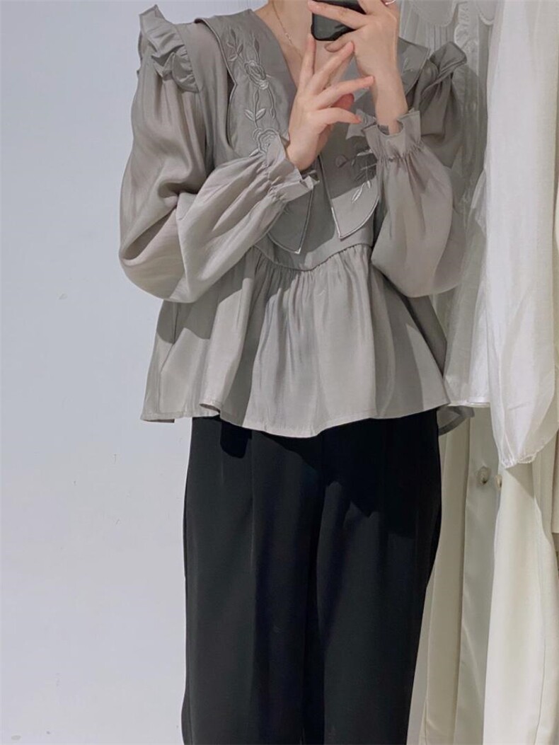 娃娃领刺绣小衫，其它，驿谷