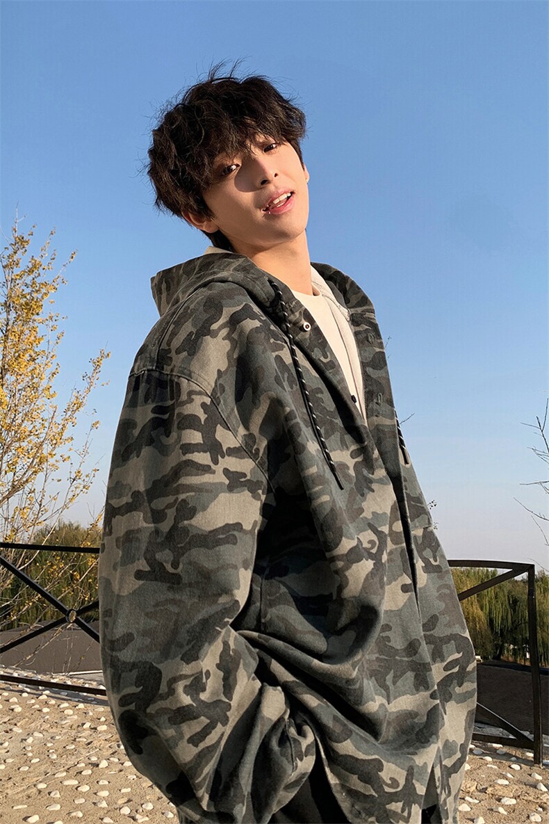 胖胖哥美式迷彩牛仔外套男款秋季复古宽松休闲长袖开衫连帽卫衣,男装工装外套,电商A102B