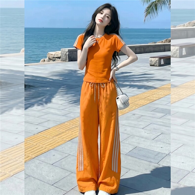 港风炸街休闲运动套装女夏洋气显瘦修身圆领短袖上衣长裤两件套潮,女装套装/套裙,江南