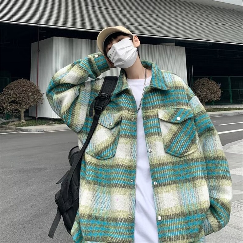 复古毛呢夹克男士宽松衬衫式格纹外套休闲情侣呢子上衣1260-P83图片