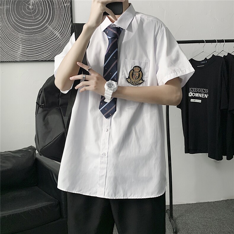 现货DK制服男JK短袖衬衫徽章情侣装衬衣 领带元学生班服图片