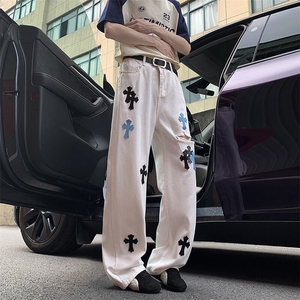 美式高街牛仔裤男女破洞十字架帅百搭2025夏季ins长裤RK2908-P49图片