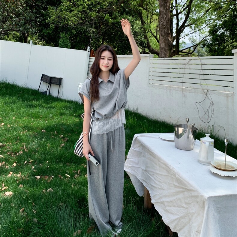 2025夏季新款韩系高级感短款蕾丝拼接上衣高腰半身裙时尚两件套女,女装套装/套裙,2C258