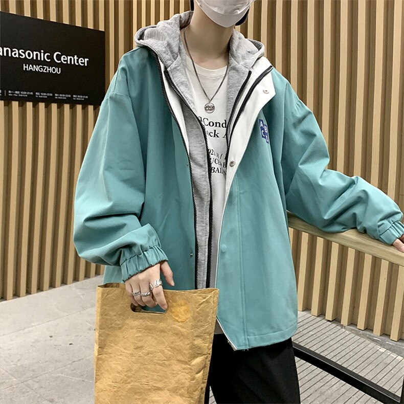 双层拼色连帽假两件外套秋季潮宽松港风bf潮流百搭上衣 W1370-P61图片