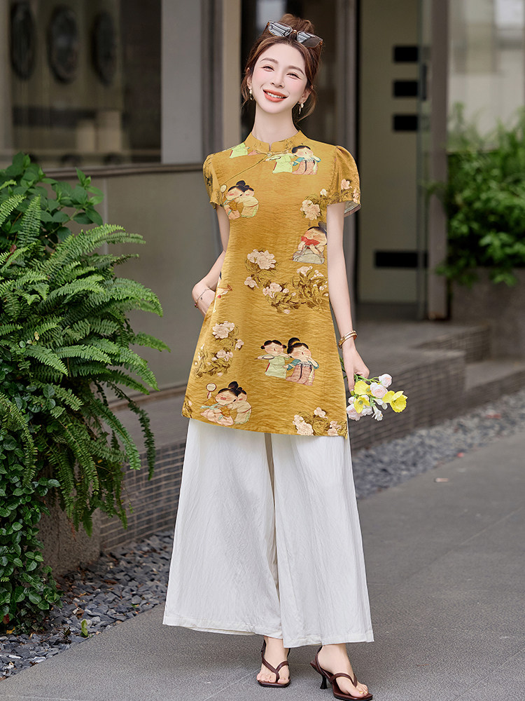 四季青2025夏季新款国风盘扣印花短袖衬衫时尚阔腿长裤两件套女潮,女装套装/套裙,芷墨服饰
