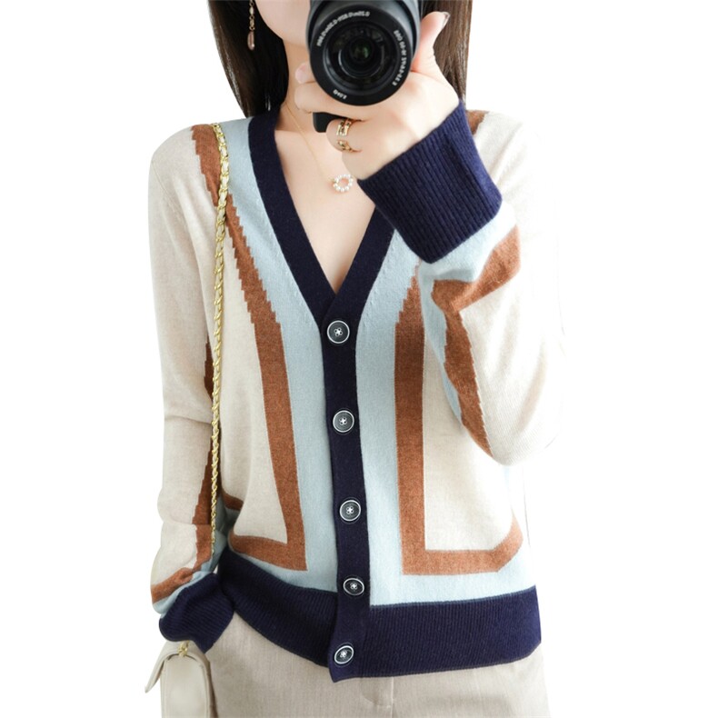 秋冬外搭羊绒开衫女V领针织撞色宽松外套女毛衣拼色打底长袖上衣,针织衫/毛衣,大美人包芯纱店