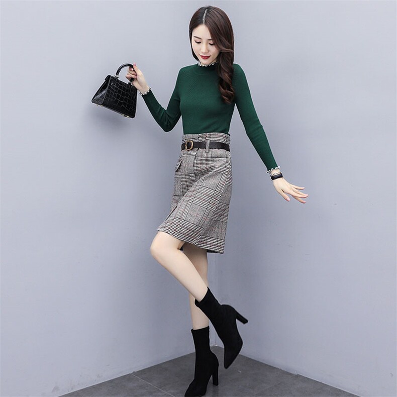 2021新款秋冬季套装/套裙时尚针织打底衫格子毛呢半身裙两件套,女装套装/套裙,瑶迪依秀
