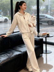 设计高级感休闲运动套装女春季新款气质减龄连帽卫衣阔腿裤两件套，女装套装/套裙，江南