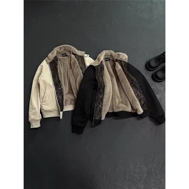 冬季美式拼蛇皮纹PU皮棉衣ing短款保暖夹克座山雕棉服男女款,男装夹克,星座506A