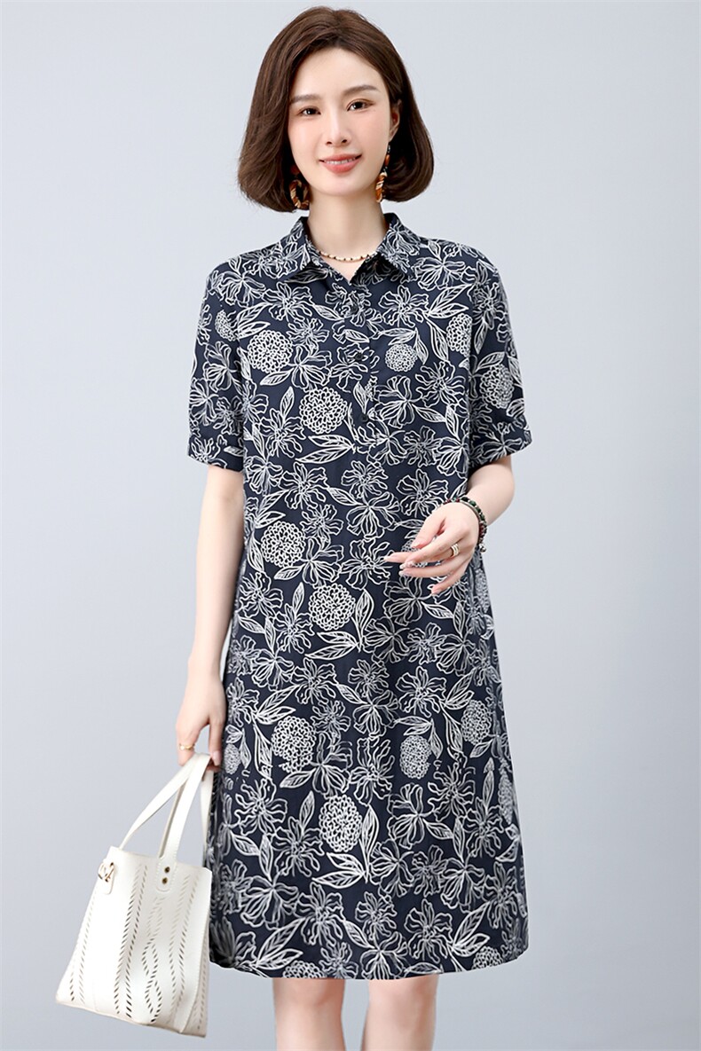复古印花连衣裙女夏2025新款中年妈妈宽松大码休闲遮肚子显瘦裙子,女装连衣裙,阿丹