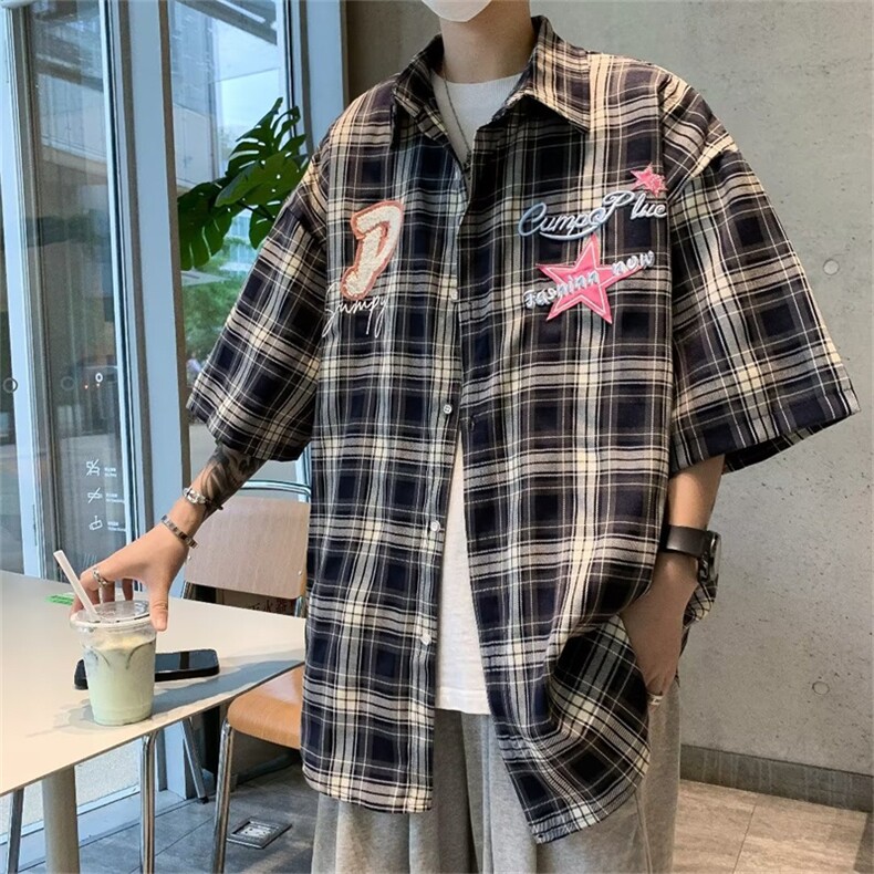 美式复古格子刺绣短袖衬衫男女宽松夏季情侣设计感衬衣CS511-p35,男装衬衫,星座1008