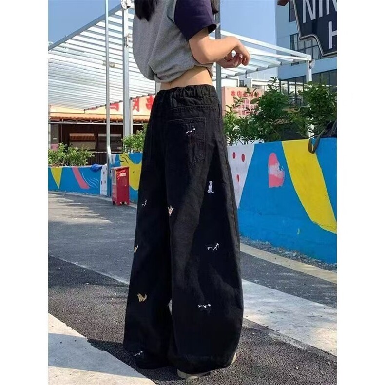 复古小狗趣味刺绣设计牛仔裤男女宽松百搭直筒休闲长裤子N042,男装牛仔裤,星座1116A（原606A-3）