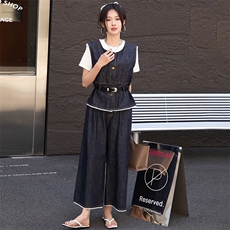 BAO高端2025早春新款宽松显瘦休闲拼蕾丝系腰带阔腿裤牛仔套装女，女装套装/套裙，跑量工厂店