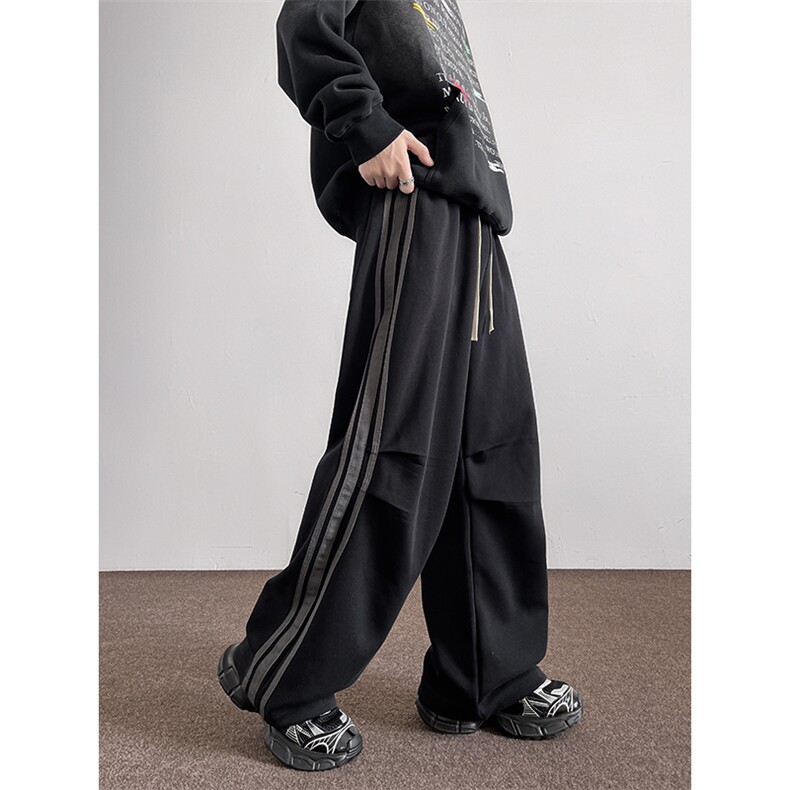 8XL-M美式复古三条杠休闲裤子加绒特大码阔腿卫裤KZ1935P60加绒70,男装休闲裤,电商B238