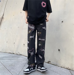 vibe美式复古高街针缝破洞牛仔裤男欧美潮牌嘻哈直筒宽BK41-P73图片