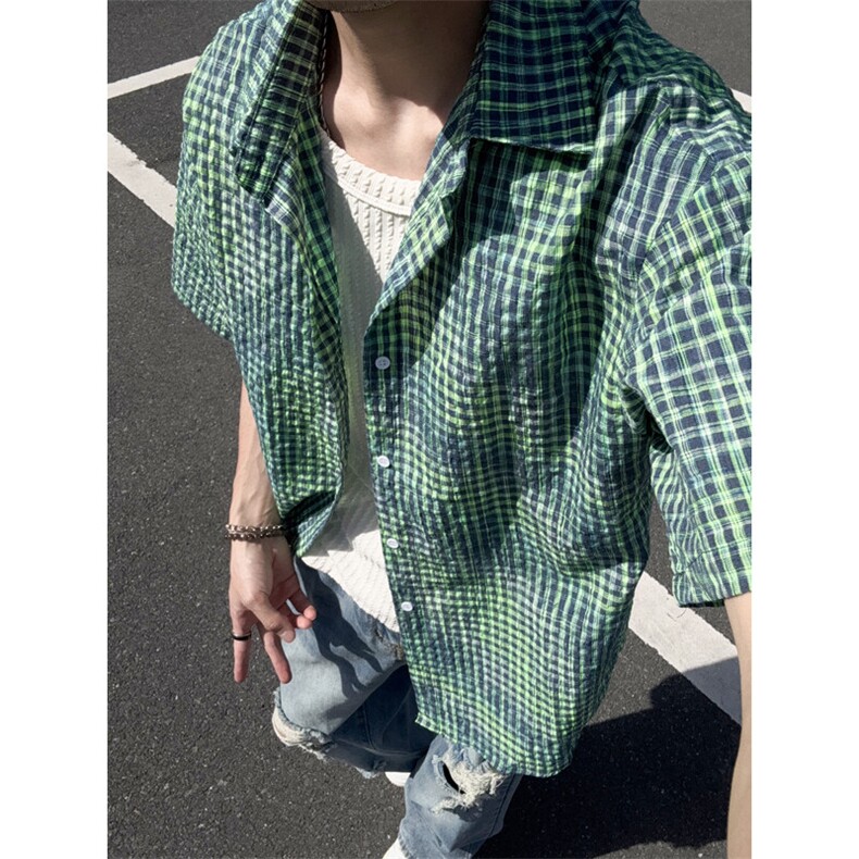 B221美式ins高街宽松薄款泡泡格短袖衬衫SY2548-特P35控59,男装T恤,电商B221