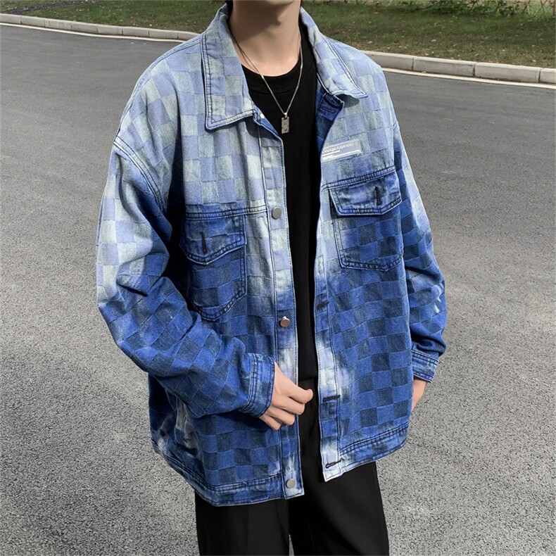 高品质秋款男牛仔夹克棋盘格字母贴边渐变色休闲外套JK49P70,男装夹克,星座1013-1