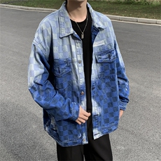 高品质秋款男牛仔夹克棋盘格字母贴边渐变色休闲外套JK49P70，男装夹克，星座1013-1