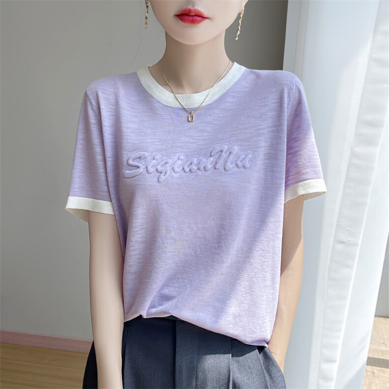 夏季新款竹节麻拼色圆领立体字母短袖女修身显瘦百搭时尚休闲上衣,女装T恤,暖娇绒包芯纱店