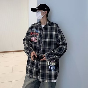 文艺长袖流行百搭潮圆领潮流新款格子日常标准衬衫男CS38-P43图片