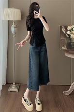 高级感时尚潮流套装女夏新款显瘦圆领开叉上衣阔腿提花短裤两件套，女装套装/套裙，2C310