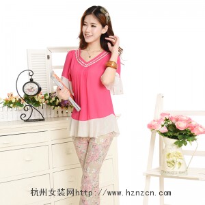 时尚V领蕾丝拼接雪纺衫 优雅显瘦长袖上衣,女装蕾丝衫/雪纺衫,雪樱依海