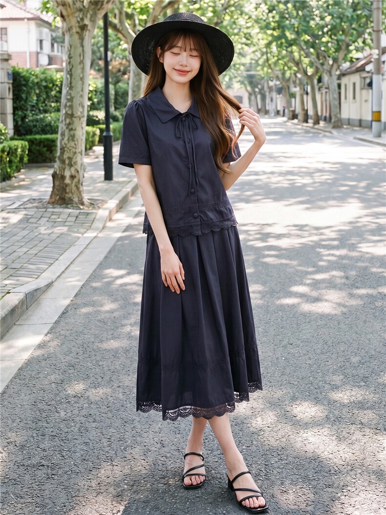 蕾丝拼接娃娃领系带上衣松紧腰半裙学院风套装女,女装套装/套裙,水衣源