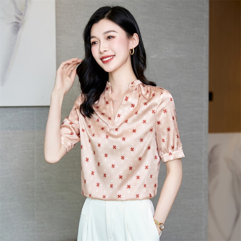v领真丝衬衫女短袖夏季2025新款宽松大码印花桑蚕丝上衣中年妈妈图片