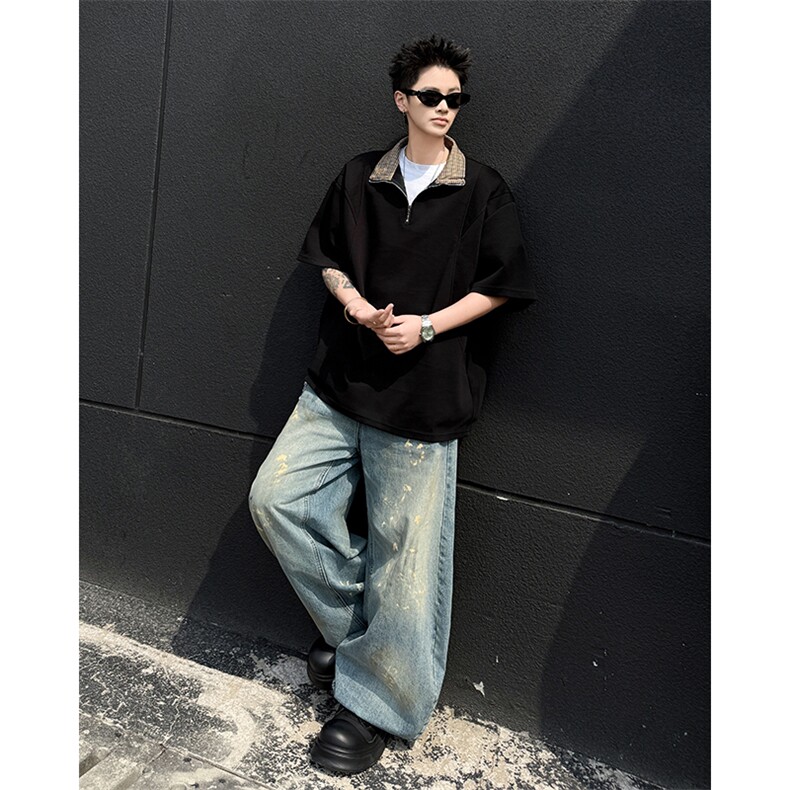 2025夏季新款格纹拼接半拉链式上衣短袖T恤T0256-P40，男装Polo衫，星座308B-2