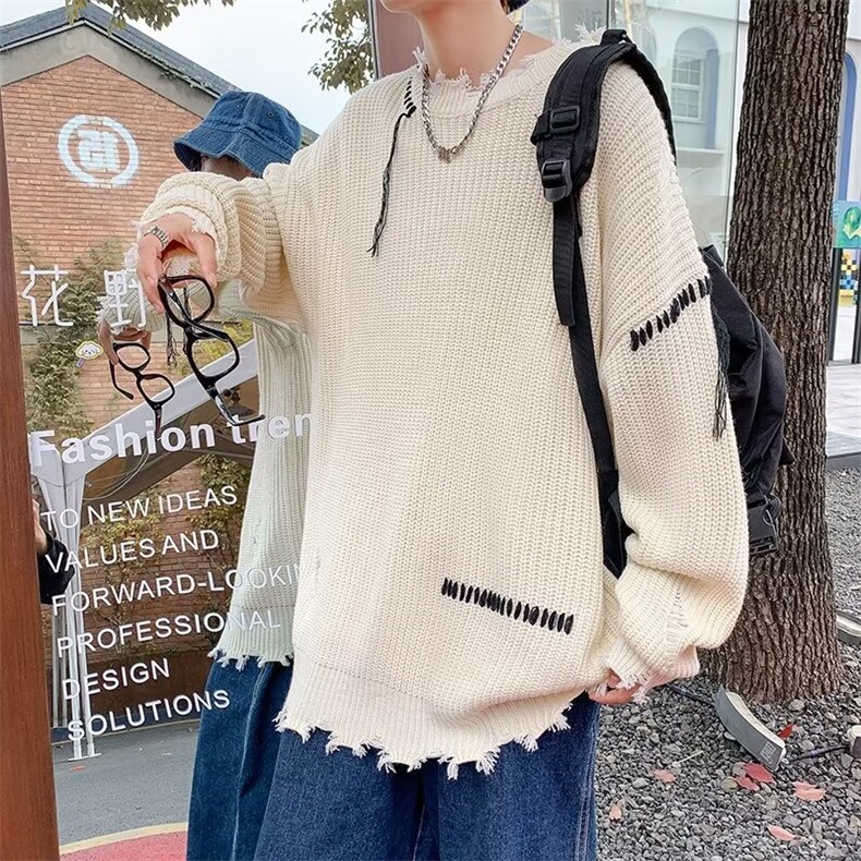 美式街头设计感圆领毛衣男慵懒风休闲针织衫M625P40图片