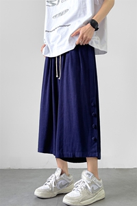 8XL-M新中式亚麻裤男七分裤阔腿裤垂感休闲短裤风棉麻K966P45图片