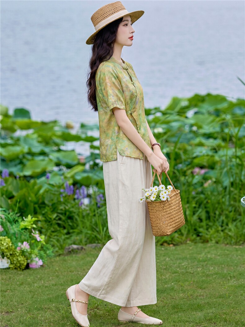 现货2026年夏季新款中式时尚两件套装女小衬衫T恤加天丝麻阔腿裤,女装套装/套裙,璐依舞
