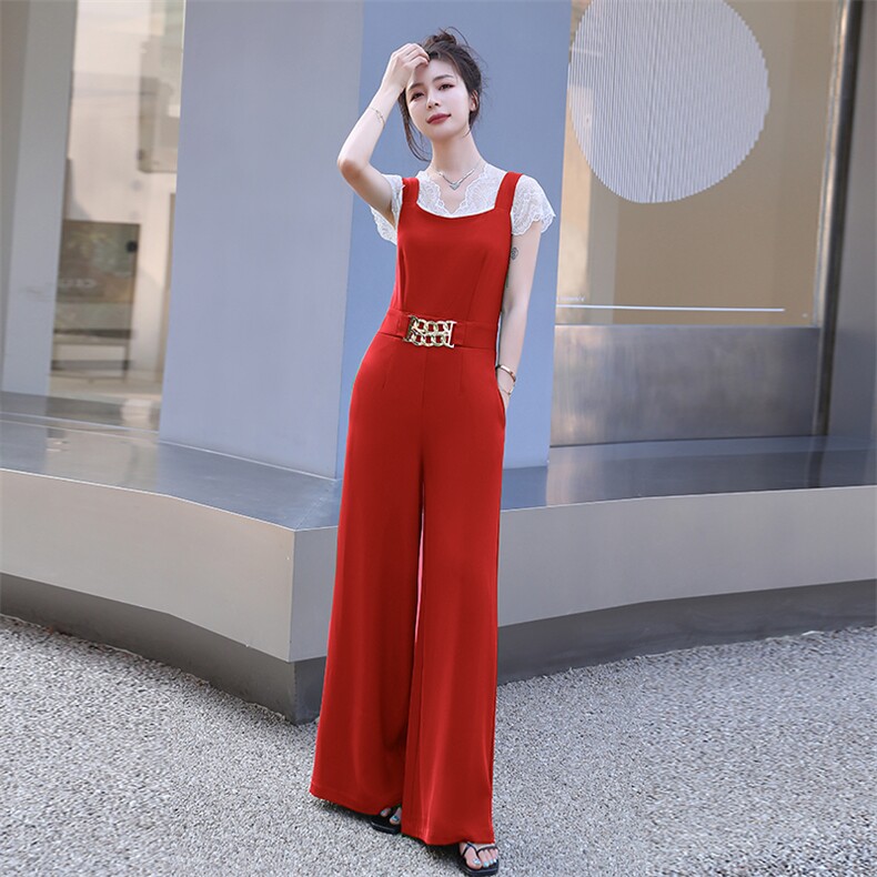 2024年夏季韩版通勤时尚潮流蕾丝上衣+连体裤两件套，女装套装/套裙，时尚俏佳人