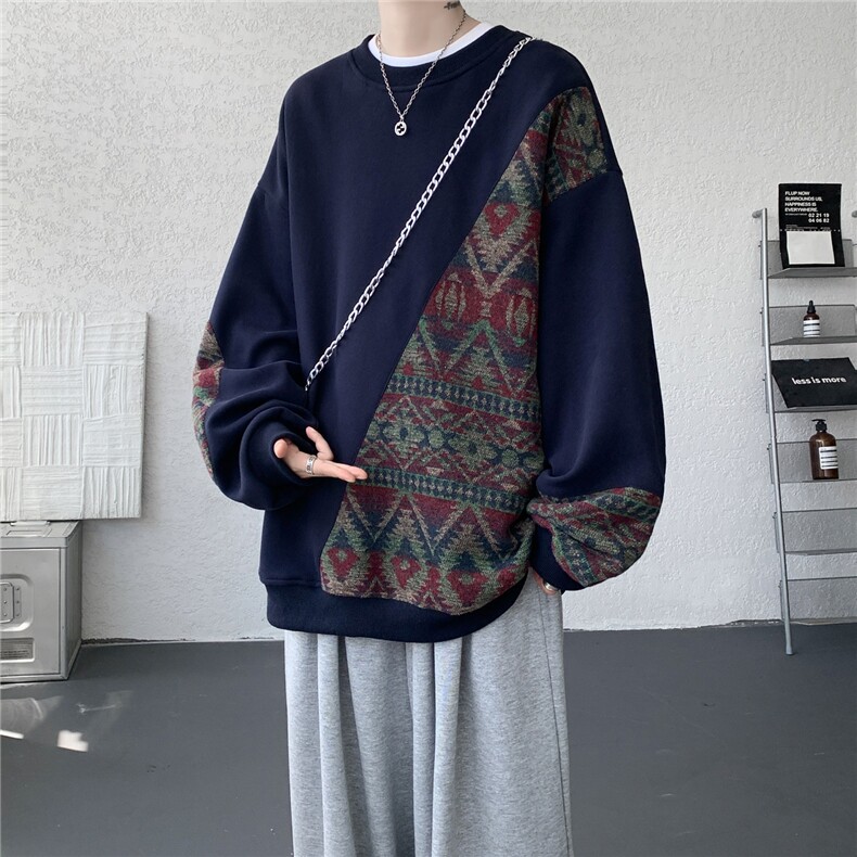 8XL-M民族风拼接卫衣大码胖子费尔岛上衣圆领复古外套WY5106/P55,男装民族服装,电商B238