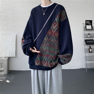 8XL-M民族风拼接卫衣大码胖子费尔岛上衣圆领复古外套WY5106/P55图片