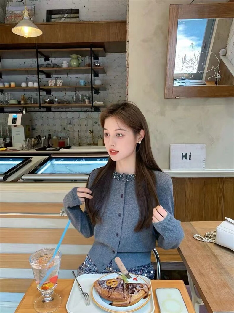 优雅气质女装单排扣圆领开衫时尚百搭显瘦长袖针织衫,针织衫/毛衣,米咔羊绒