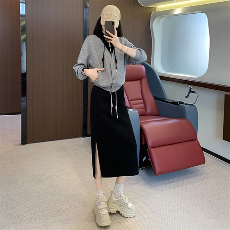 高级感时尚女秋季连帽卫衣收腰开叉半身裙两件套图片