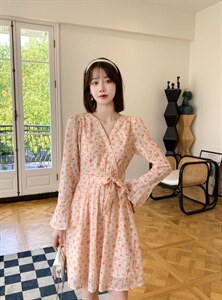 V领清新小碎花甜美可爱气质修身收腰显瘦刺绣短款连衣裙图片