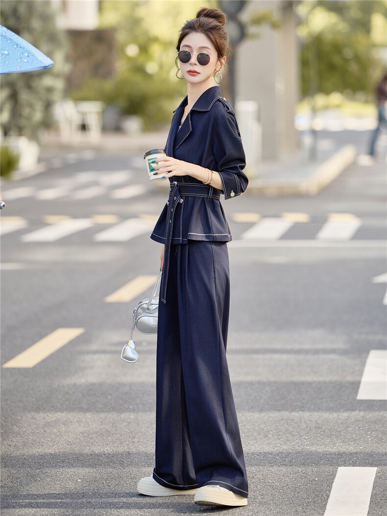 （新款现货）2026春装时尚双排扣肩章天丝牛仔阔腿裤套装(配腰带,女装套装/套裙,印象茜