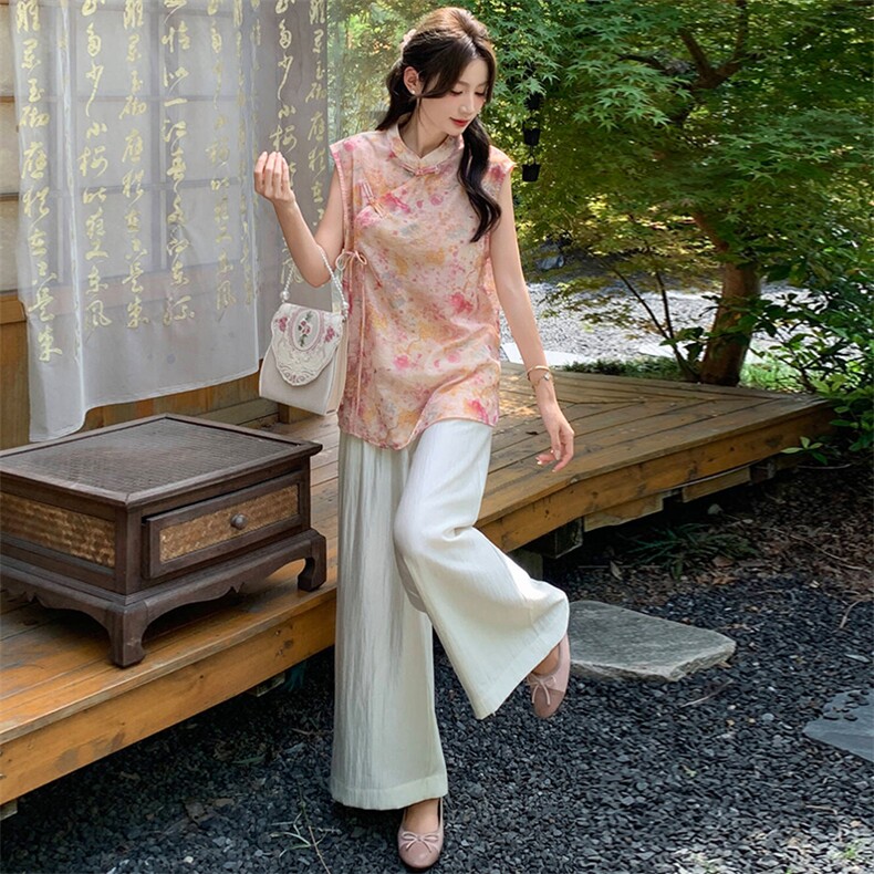 新中式g风套装女2026夏季流行复古印花盘扣旗袍上衣阔腿裤两件套,女装套装/套裙,超帛