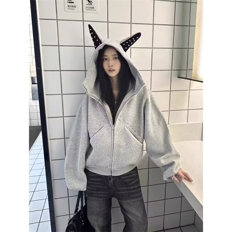 小众设计感铆钉拼接杜宾犬连帽运动衫男女宽松休闲百搭外套上衣潮,女装短外套,四季星座505