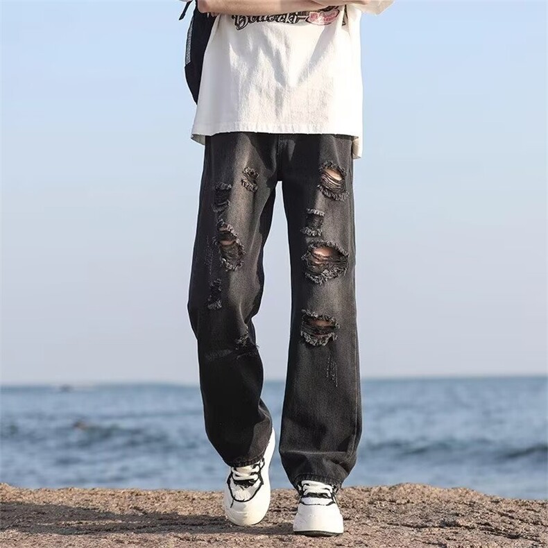 美式街头水洗做旧破洞牛仔裤男春秋直筒宽松欧美高街vibe风长裤子图片