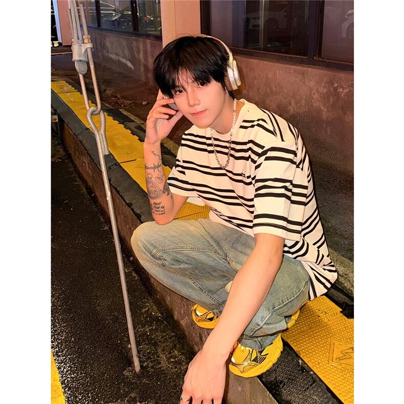 网络图现货！夏季条纹短袖t恤男上衣潮美式休闲海魂RW53-P50,男装T恤,星座1005-6